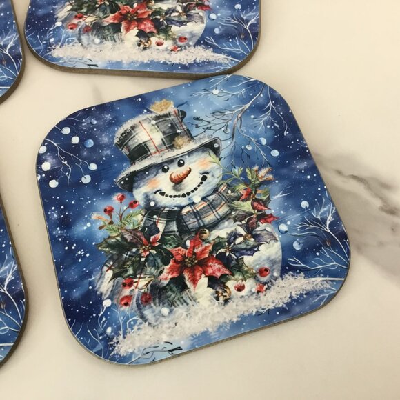 Snowman Hardboard Coasters Plaid Top Hat, Wintery Blue Background Set of 4 - Picture 5 of 7